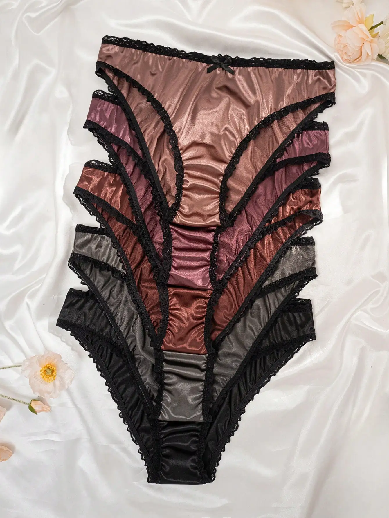 5-Pack Satin & Lace Women's Briefs in Rose Gold, Burgundy, Grey, Black
5-Pack Satin & Lace Women's Briefs in Rose Gold, Burgundy, Grey, Black