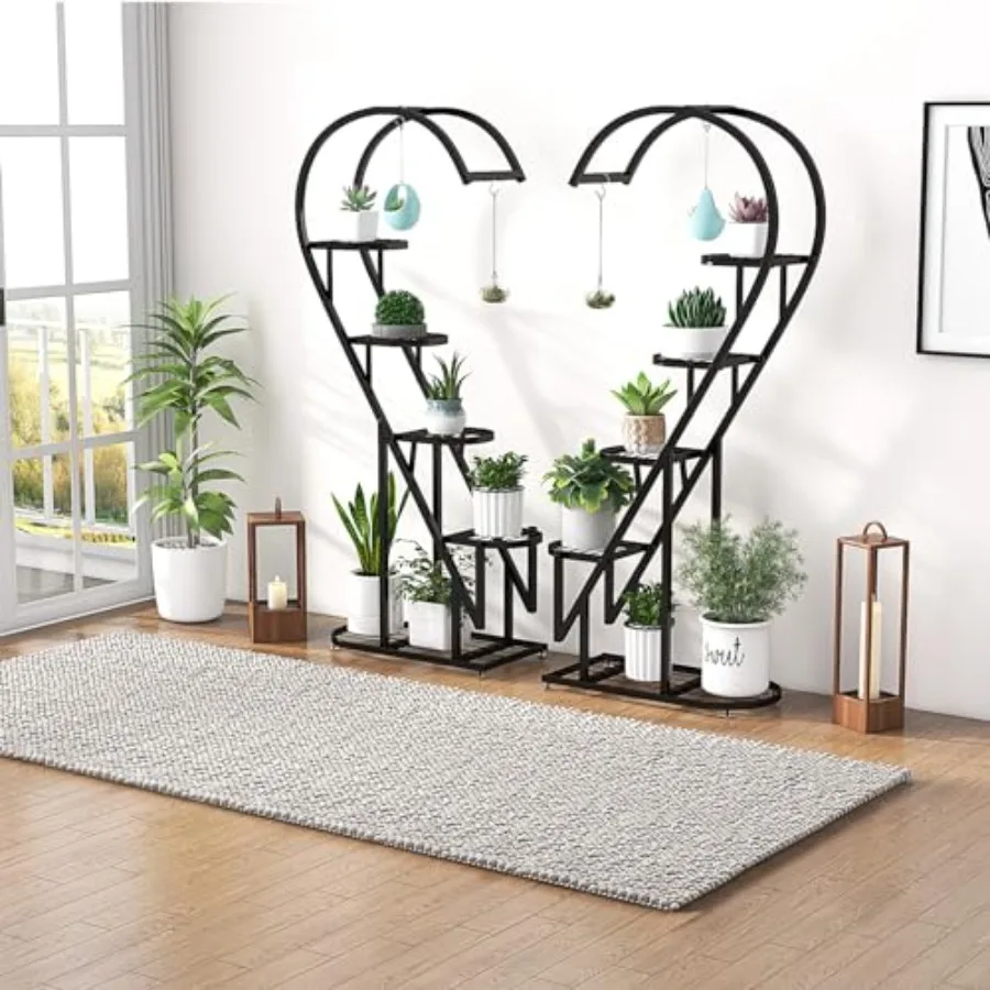 6-Tier Metal Plant Stand for Indoor Balcony Use, Black Metal Frame with Heart-Shape Ladder Design, 12 Boards 6 Hanging Hooks, T
6-Tier Metal Plant Stand for Indoor Balcony Use, Black Metal Frame with Heart-Shape Ladder Design, 12 Boards 6 Hanging Hooks, T