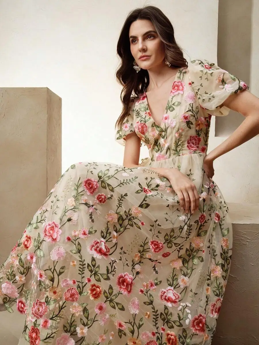 Elegant V-Neck A-Line Midi Dress With Sheer Fabric, Puffed Sleeves And 3D Floral Embroidery For Summer, Valentine’s Day,
Elegant V-Neck A-Line Midi Dress With Sheer Fabric, Puffed Sleeves And 3D Floral Embroidery For Summer, Valentine’s Day,