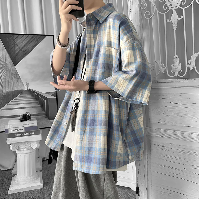 Summer Men's Plaid ort Sve irt Hong Kong Sle Seven Sve Outerwear Casual Loose Fit Teenagers Faion Polyester Fiber
Summer Men's Plaid ort Sve irt Hong Kong Sle Seven Sve Outerwear Casual Loose Fit Teenagers Faion Polyester Fiber