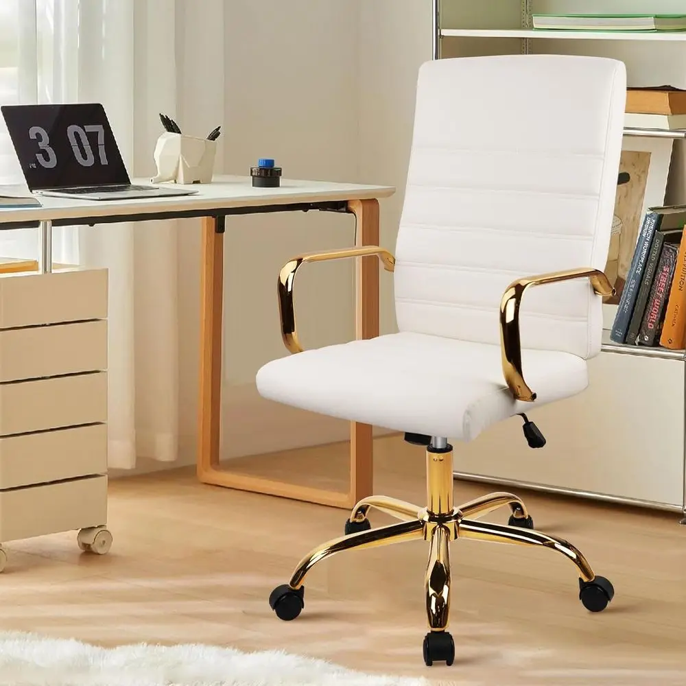 Elegant White Leather Office Chair with Gold Legs, Adjustable Height Swivel Desk Chair with Wheels
Elegant White Leather Office Chair with Gold Legs, Adjustable Height Swivel Desk Chair with Wheels