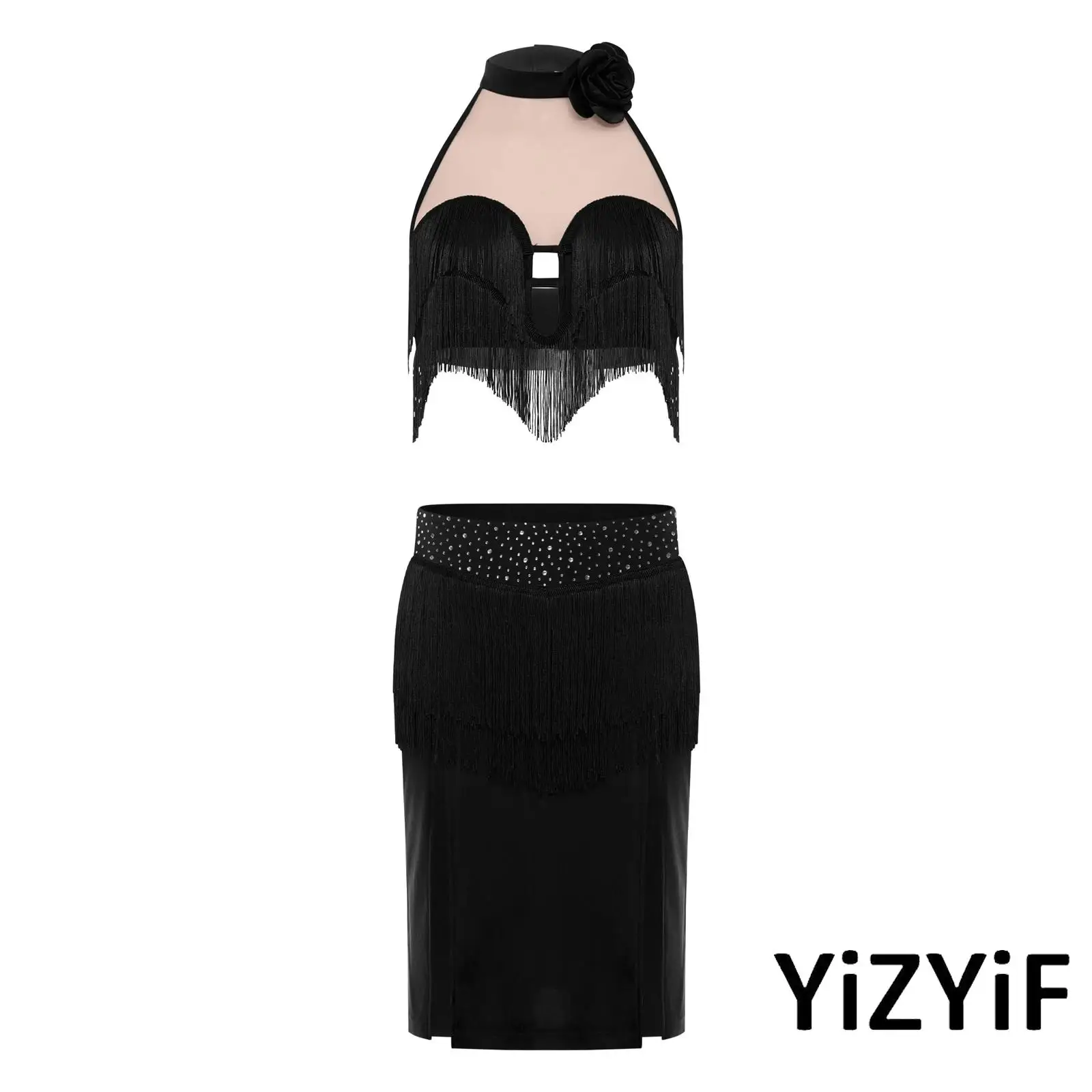 Belly Dance Performance Costume Set for Women Halter Sleeveless Top with 3D Flowers Tiered Tassels and Miniskirt Latin Dancewear
Belly Dance Performance Costume Set for Women Halter Sleeveless Top with 3D Flowers Tiered Tassels and Miniskirt Latin Dancewear