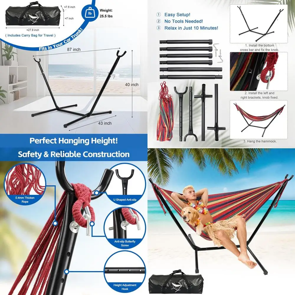 Portable Heavy-Duty Metal Hammock Stand for Outdoors and Indoors, Supports 600lbs, Includes Carry Bag for Patio, Beach, or Backy
Portable Heavy-Duty Metal Hammock Stand for Outdoors and Indoors, Supports 600lbs, Includes Carry Bag for Patio, Beach, or Backy