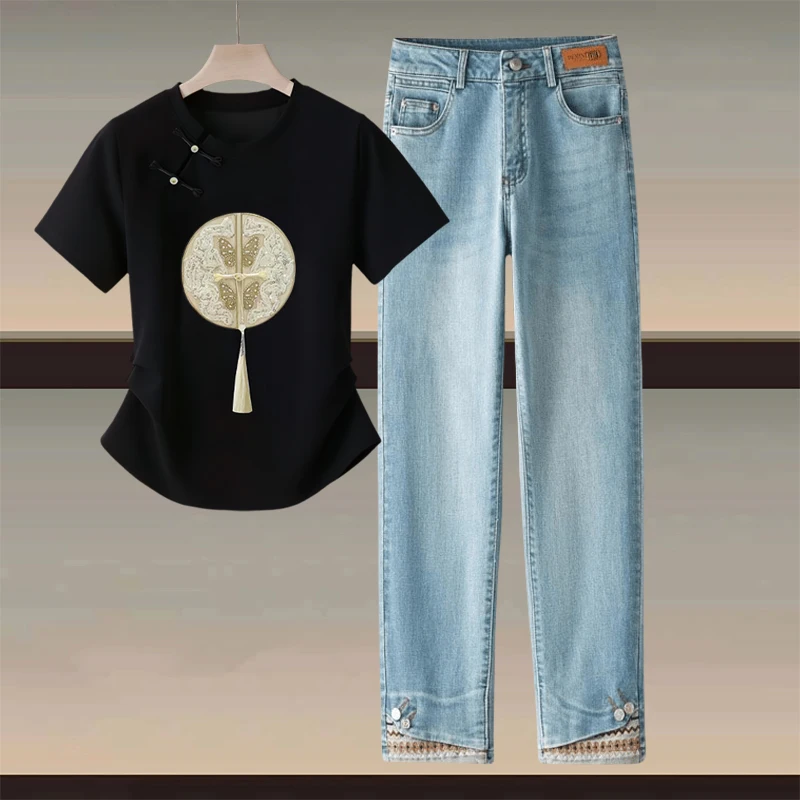 New Chinese Style National Trend Button Short Sleeve round Neck Top Patchwork Nine Points Jeans Embroidered Denim Two Piece S...
New Chinese Style National Trend Button Short Sleeve round Neck Top Patchwork Nine Points Jeans Embroidered Denim Two Piece S...