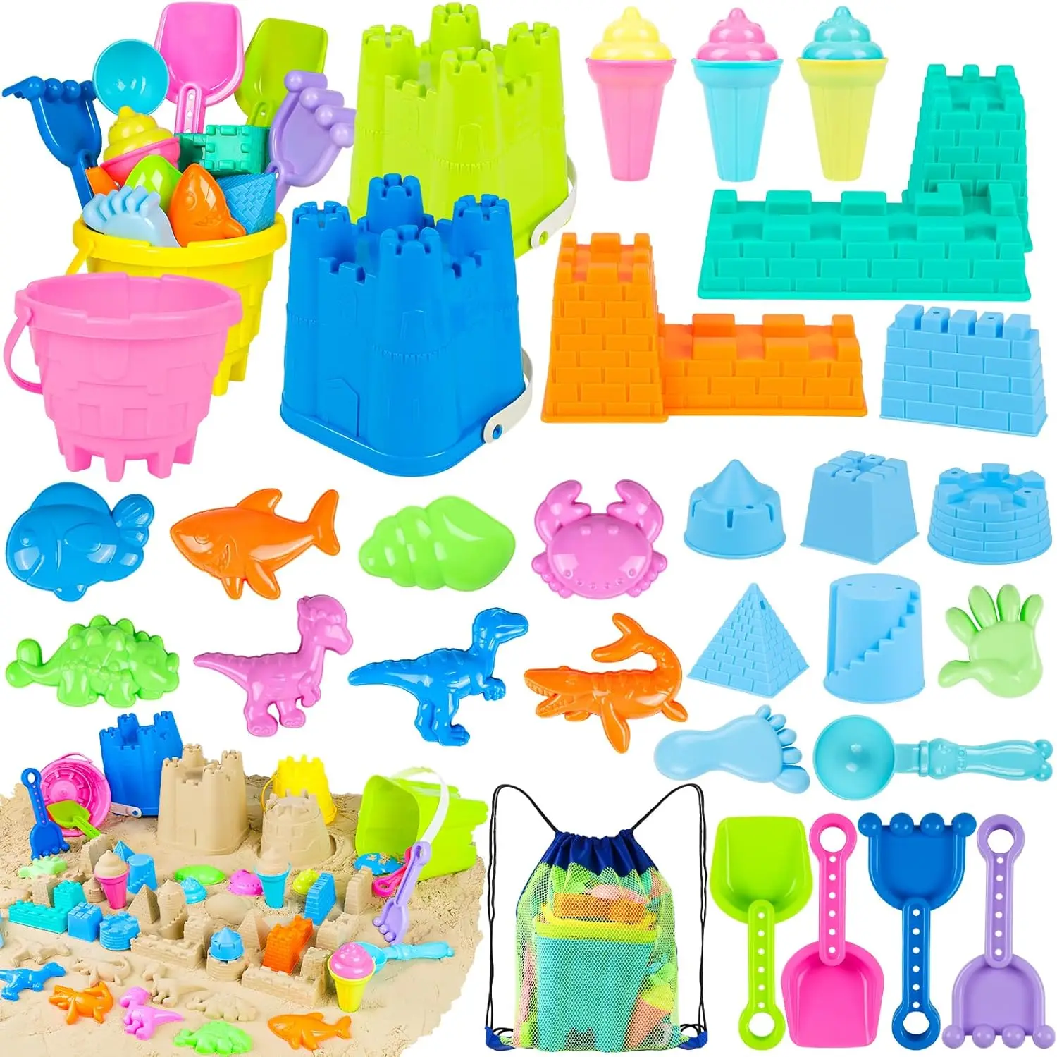 34 PCS Beach Sand Toys Set with 4 Buckets, Shovels, Molds & Mesh Bag for Kids Toddlers Ages 3-10
34 PCS Beach Sand Toys Set with 4 Buckets, Shovels, Molds & Mesh Bag for Kids Toddlers Ages 3-10