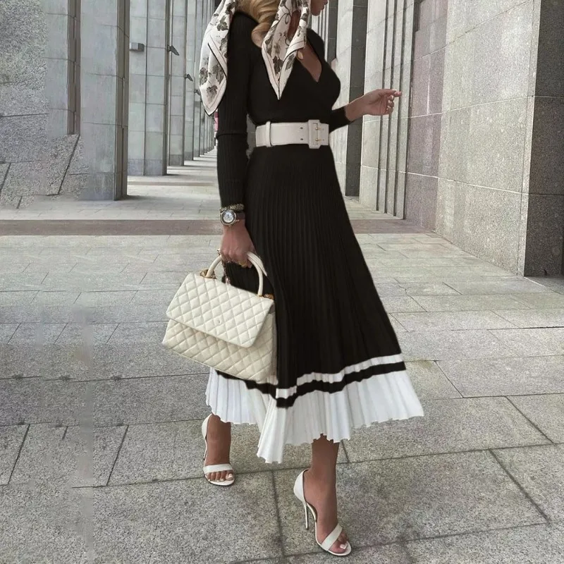Talenza Knitted V-Neck Long Dress Women's Fashion Pleated Contrast Color High Waist Dress Elegant Office Lady Retro Long Dress
Talenza Knitted V-Neck Long Dress Women's Fashion Pleated Contrast Color High Waist Dress Elegant Office Lady Retro Long Dress
