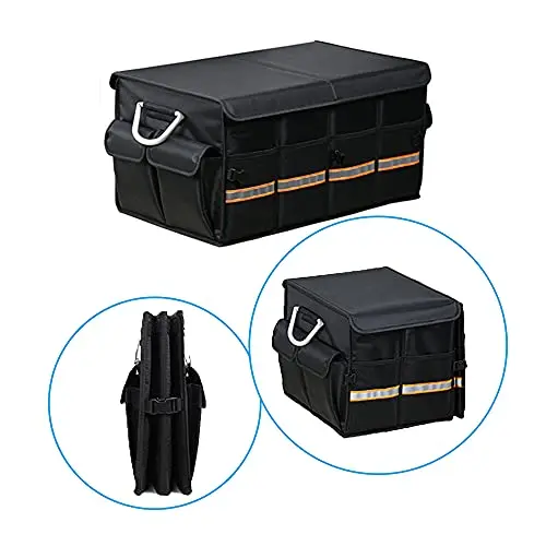 Black Portable Car Trunk Storage Box With Folding Cover, Aluminum Handle, Reflective Bands, For SUVs, Trucks, Minivans
Black Portable Car Trunk Storage Box With Folding Cover, Aluminum Handle, Reflective Bands, For SUVs, Trucks, Minivans