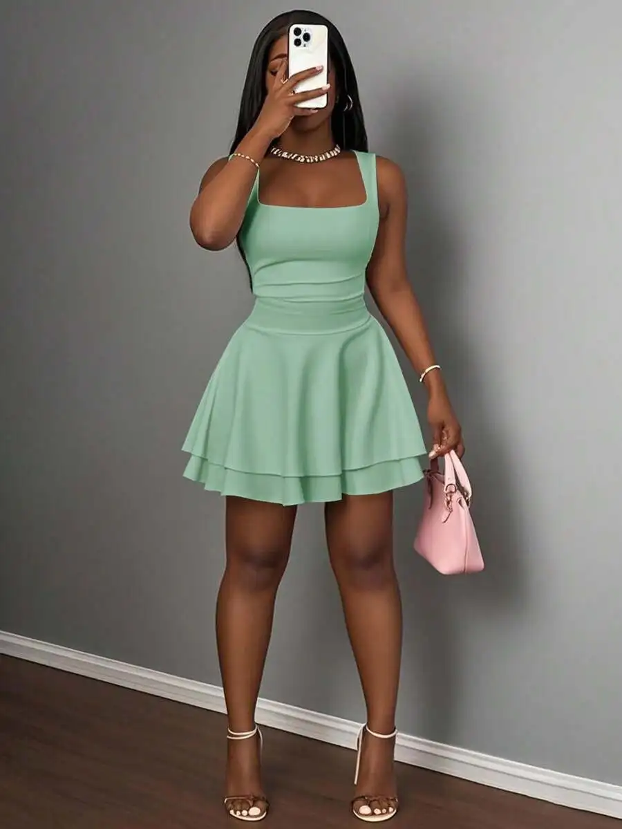 Mint Green Square Neck Sleeveless Ruched Double Layer Flared Mini Dress For Women Summer Casual Outfit
Mint Green Square Neck Sleeveless Ruched Double Layer Flared Mini Dress For Women Summer Casual Outfit