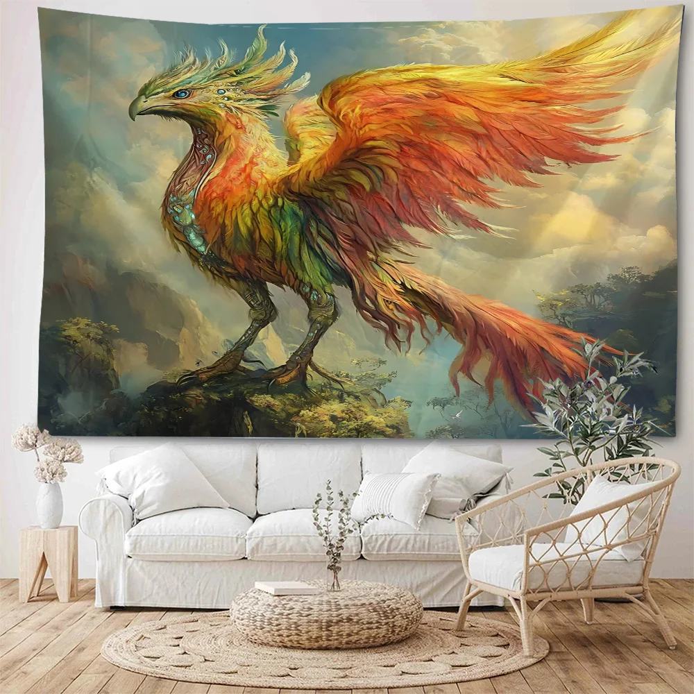 The beautiful phoenix lingers on the branches, spreading its wings. Background decoration includes tapestries and home decor
The beautiful phoenix lingers on the branches, spreading its wings. Background decoration includes tapestries and home decor