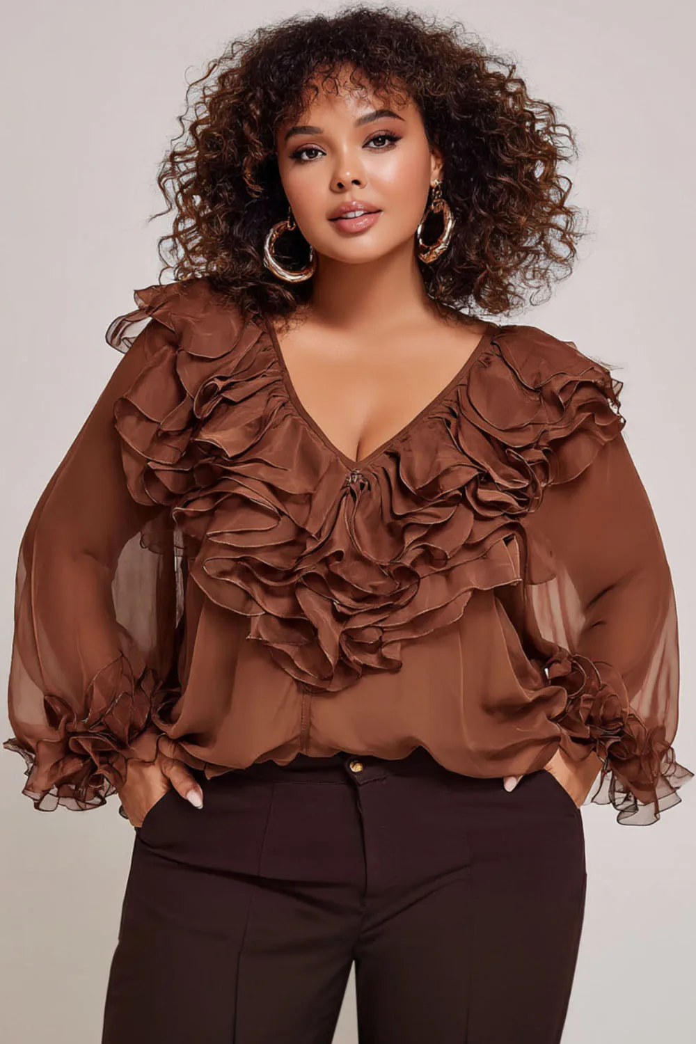 Plus Size Business Casual Brown V Neck Lantern Sleeve Long Sleeve Ruffle Casual See Through Chiffon Blouses
Plus Size Business Casual Brown V Neck Lantern Sleeve Long Sleeve Ruffle Casual See Through Chiffon Blouses