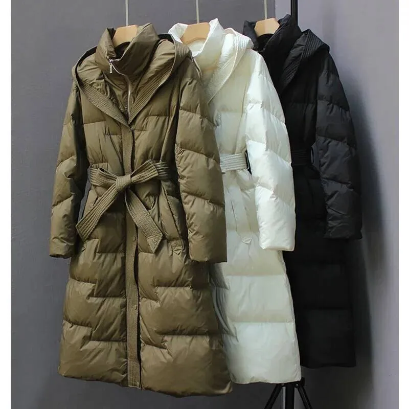 European hooded long down jacket for women, over the knee thick and slim fit, waist belt style, warm jacket, new year's edition
European hooded long down jacket for women, over the knee thick and slim fit, waist belt style, warm jacket, new year's edition