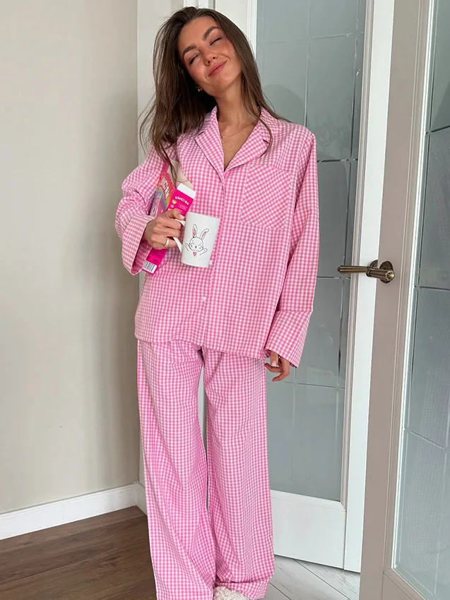 Pure Cotton Plaid Long Sleeve Long Pants Two-Piece Set Women's Home Clothes Can Be Worn outside Pajamas Shirt Pants
Pure Cotton Plaid Long Sleeve Long Pants Two-Piece Set Women's Home Clothes Can Be Worn outside Pajamas Shirt Pants