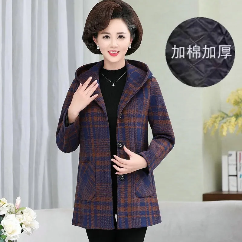 New Mother Plaid Hooded Woolen Coat Women's Mid-Long Hooded Coats Add Cotton Autumn Winter Single-Breasted 5XL Woolen Overcoat
New Mother Plaid Hooded Woolen Coat Women's Mid-Long Hooded Coats Add Cotton Autumn Winter Single-Breasted 5XL Woolen Overcoat