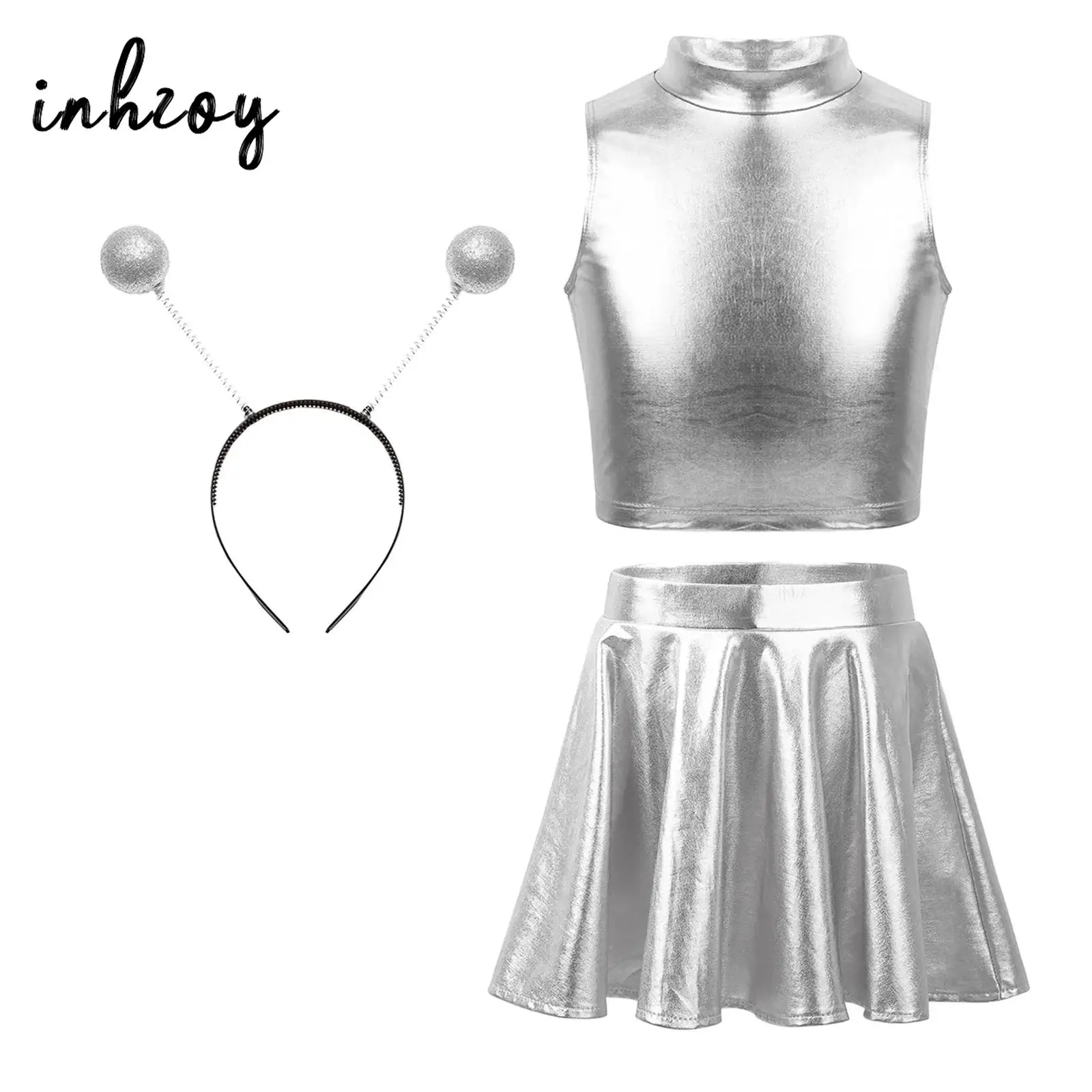 Alien Costume Girls Space Man Astronaut Robot Cosplay Outfit Metallic Crop Tank Top with A-Line Skirt Hair Hoop Dance Party Wear
Alien Costume Girls Space Man Astronaut Robot Cosplay Outfit Metallic Crop Tank Top with A-Line Skirt Hair Hoop Dance Party Wear