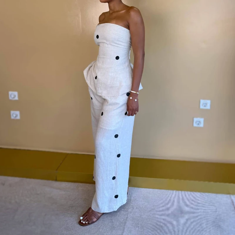 Elegant Lady Wide Leg Pants Outfits Strapless Off Shoulder Polka Dot Print Vest&Pants Sets Summer Casual Vacation Two Piece Sets
Elegant Lady Wide Leg Pants Outfits Strapless Off Shoulder Polka Dot Print Vest&Pants Sets Summer Casual Vacation Two Piece Sets