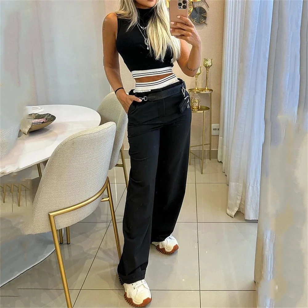 Women Patchwork Sleeveless Turtleneck Crop Tops Long Pants Set Autumn Elegant Office Short Vest High Waist Straight Trouser Suit
Women Patchwork Sleeveless Turtleneck Crop Tops Long Pants Set Autumn Elegant Office Short Vest High Waist Straight Trouser Suit