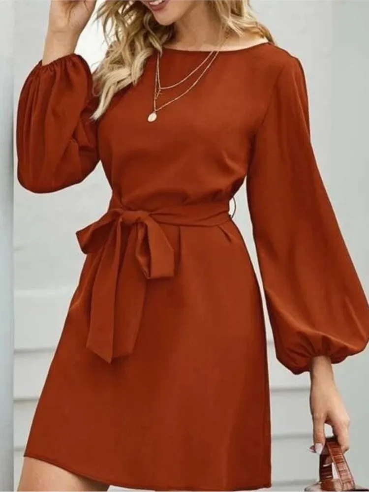 Women's Elegant Long Sleeve Mini Dresses Fashion Solid O-neck High Waist Lace-up Dress Female Autumn Office Vestidos Para Mujer
Women's Elegant Long Sleeve Mini Dresses Fashion Solid O-neck High Waist Lace-up Dress Female Autumn Office Vestidos Para Mujer
