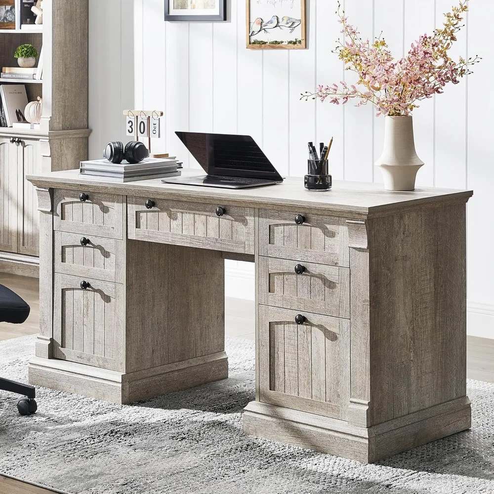60" Executive Desk with Drawers, Farmhouse Home Office Desk with Charging Station, Keyboard Tray, File Cabinet Storage, Wood Co
60" Executive Desk with Drawers, Farmhouse Home Office Desk with Charging Station, Keyboard Tray, File Cabinet Storage, Wood Co