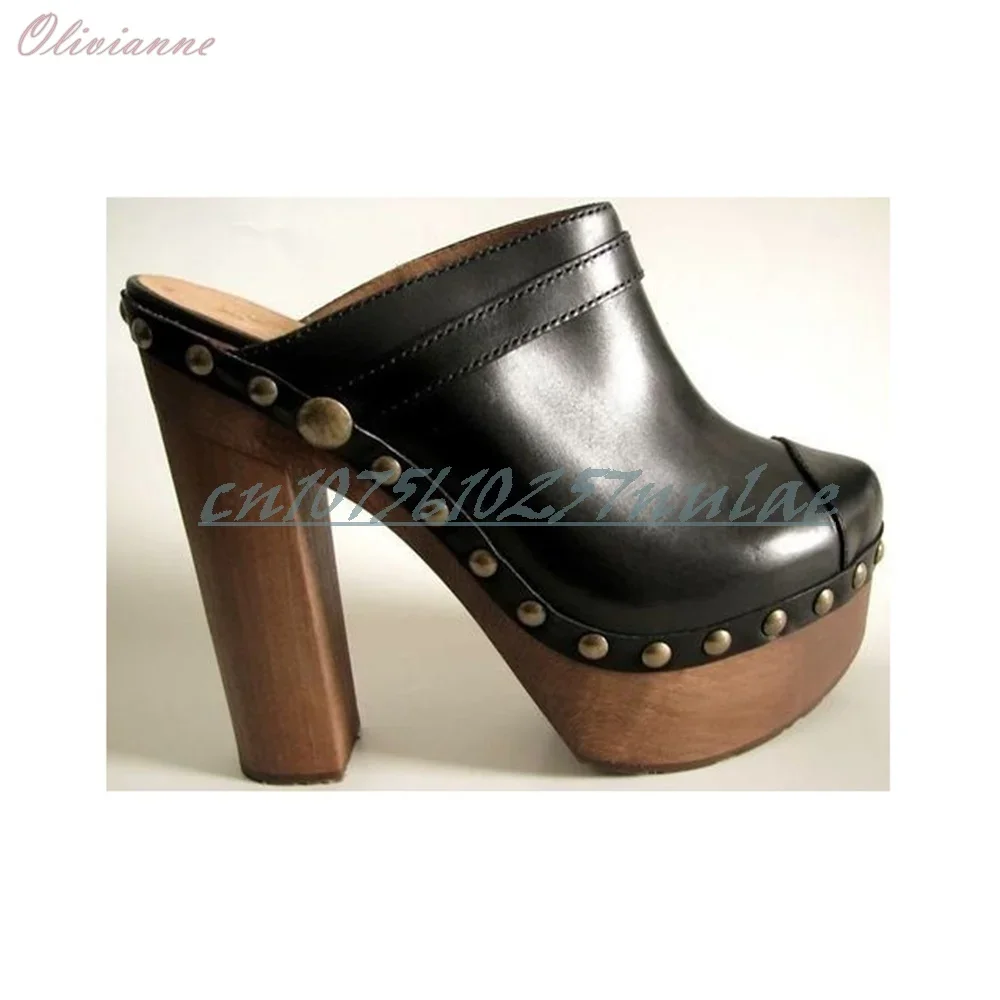 Black Side Round Rivets Decor Round Toe Slippers Leather Chunky High Heel Party Fashion Women Shoes 2025 Summer New Para Mujere 
Black Side Round Rivets Decor Round Toe Slippers Leather Chunky High Heel Party Fashion Women Shoes 2025 Summer New Para Mujere