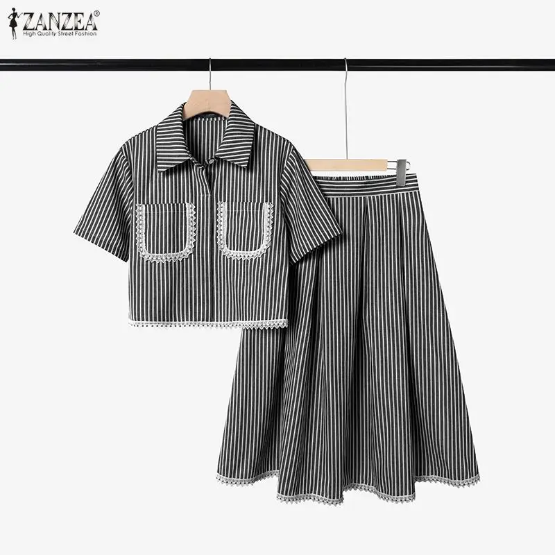 Women's Fashion Lace Trim Skirt Suits Short Sleeve Crop Shirt & A-Line Midi Skirt 2 Pieces Sets ZANZEA Woman Striped 2pc Outfits
Women's Fashion Lace Trim Skirt Suits Short Sleeve Crop Shirt & A-Line Midi Skirt 2 Pieces Sets ZANZEA Woman Striped 2pc Outfits
