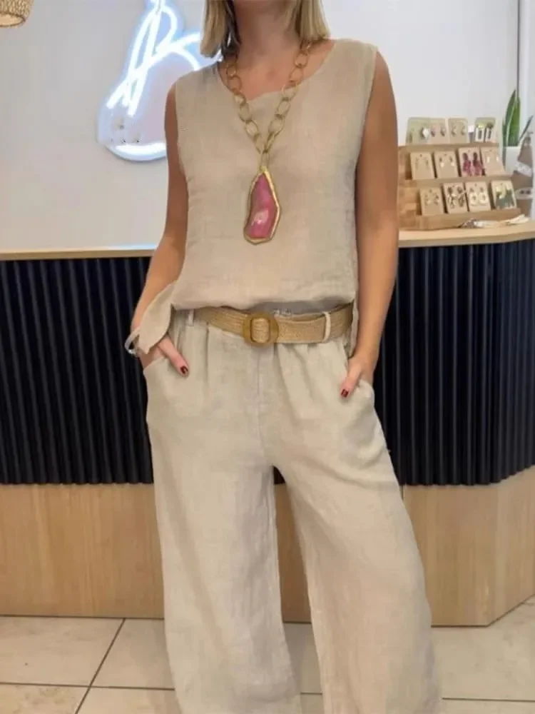 New Casual Solid Set Lady Fashion Sleeveless O Neck Pullover Tops Wide Leg Pants Two Piece Sets For Women Office Womens Clothing
New Casual Solid Set Lady Fashion Sleeveless O Neck Pullover Tops Wide Leg Pants Two Piece Sets For Women Office Womens Clothing