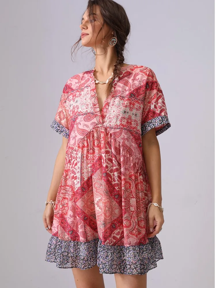 2025 Summer Short Sleeve V-neck Loose Mini Dresses Boho Casual Beach Holiday Dress Retro Patchwork Contrast Print Dress Women
2025 Summer Short Sleeve V-neck Loose Mini Dresses Boho Casual Beach Holiday Dress Retro Patchwork Contrast Print Dress Women