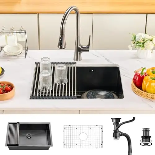 33 Inch Undermount Single Basin Nano Black Stainless Steel Sink 16 Gauge With Grid, Strainer And Faucet For Kitchen Workstation
33 Inch Undermount Single Basin Nano Black Stainless Steel Sink 16 Gauge With Grid, Strainer And Faucet For Kitchen Workstation