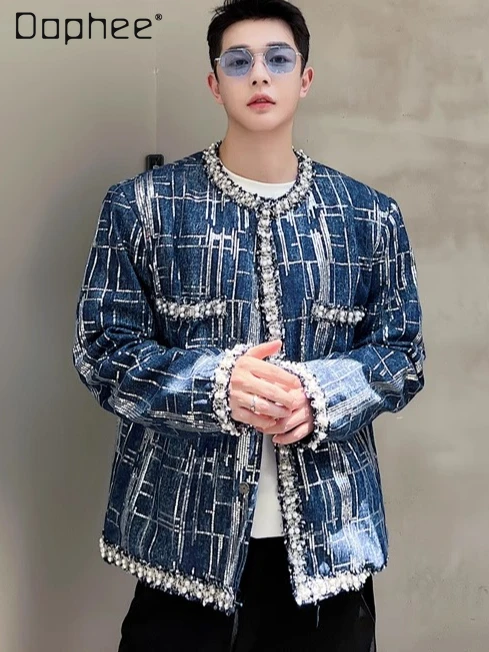 Trendy Street Denim Beaded Tweed Jackets for Men Women Korean Sequin Patchwork Short Jacket Fashion Elegant Men Clothing Top
Trendy Street Denim Beaded Tweed Jackets for Men Women Korean Sequin Patchwork Short Jacket Fashion Elegant Men Clothing Top
