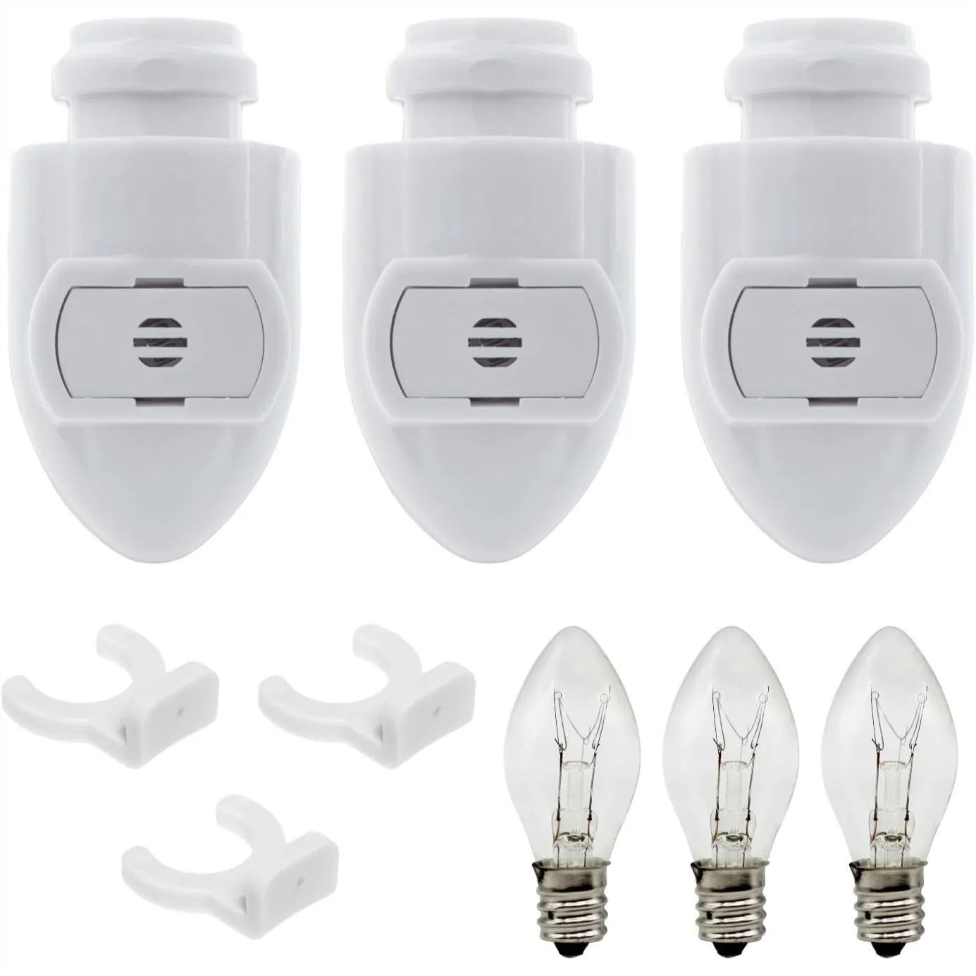 Auto On Night Light Socket Plug in with 3 Bulbs and Clips, Dusk to Dawn Sensor, 120V AC, Pack of 3
Auto On Night Light Socket Plug in with 3 Bulbs and Clips, Dusk to Dawn Sensor, 120V AC, Pack of 3