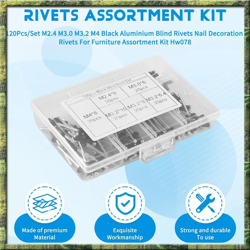 The New 120Pcs/Set M2.4 M3.0 M3.2 M4 Black Aluminium Blind Rivets Nail Decoration Rivets For Furniture Assortment Kit Hw078
The New 120Pcs/Set M2.4 M3.0 M3.2 M4 Black Aluminium Blind Rivets Nail Decoration Rivets For Furniture Assortment Kit Hw078