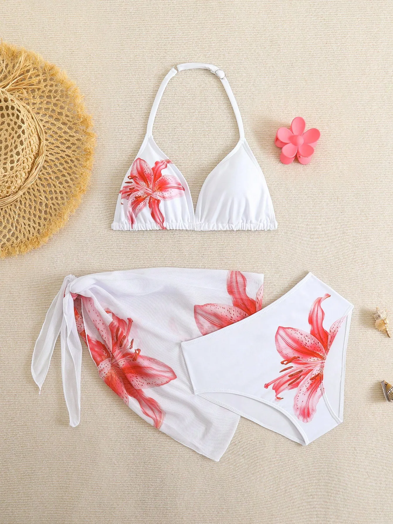 Womens 3 Piece Bikini Set With Floral Print And Sarong Skirt
Womens 3 Piece Bikini Set With Floral Print And Sarong Skirt