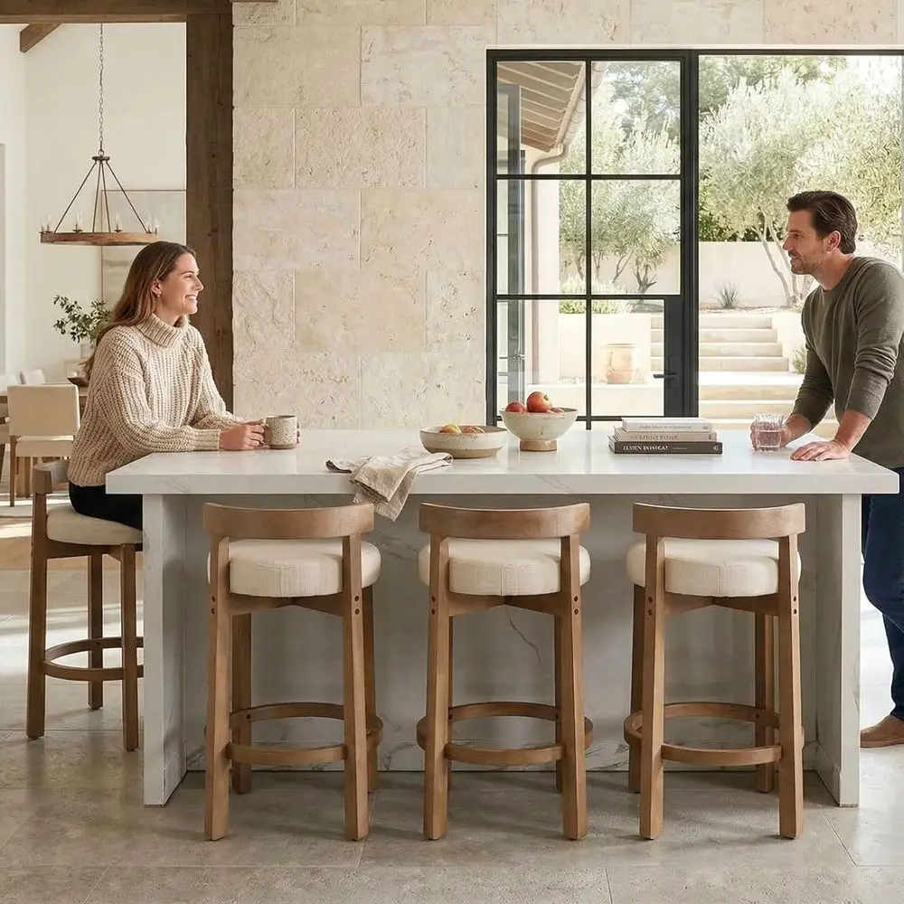 Set of 4 Upholstered 26.5 Seat Height Low Back Bar Stools with Natural Wood Legs, Beige
Set of 4 Upholstered 26.5 Seat Height Low Back Bar Stools with Natural Wood Legs, Beige