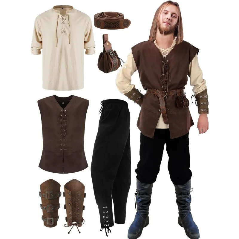 6 Pcs Men's Halloween Renaissance Costume Set Medieval Vest Shirt Ankle Banded Pants Viking Belt Armband Pouch Pirate Cosplay
6 Pcs Men's Halloween Renaissance Costume Set Medieval Vest Shirt Ankle Banded Pants Viking Belt Armband Pouch Pirate Cosplay