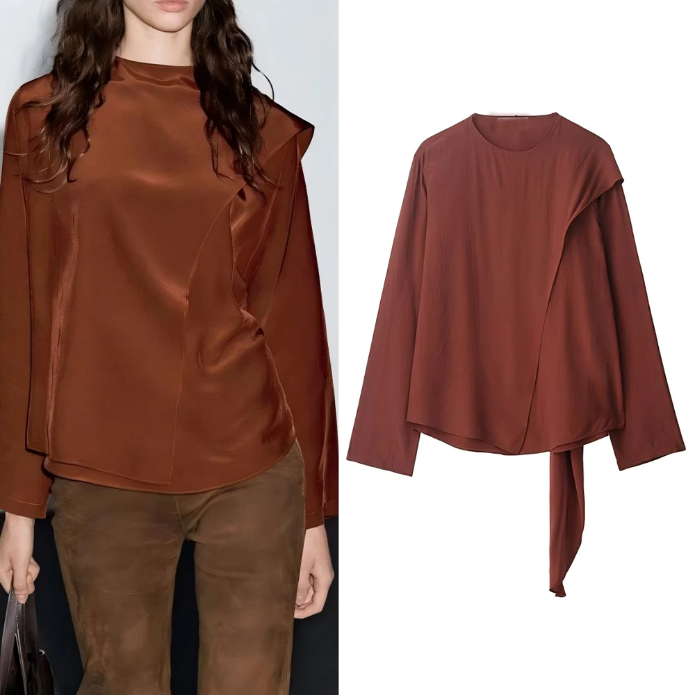 Women's 2025 new fashion ribbon knot decoration loose round neck patchwork top retro long sleeved women's pullover chic top 
Women's 2025 new fashion ribbon knot decoration loose round neck patchwork top retro long sleeved women's pullover chic top