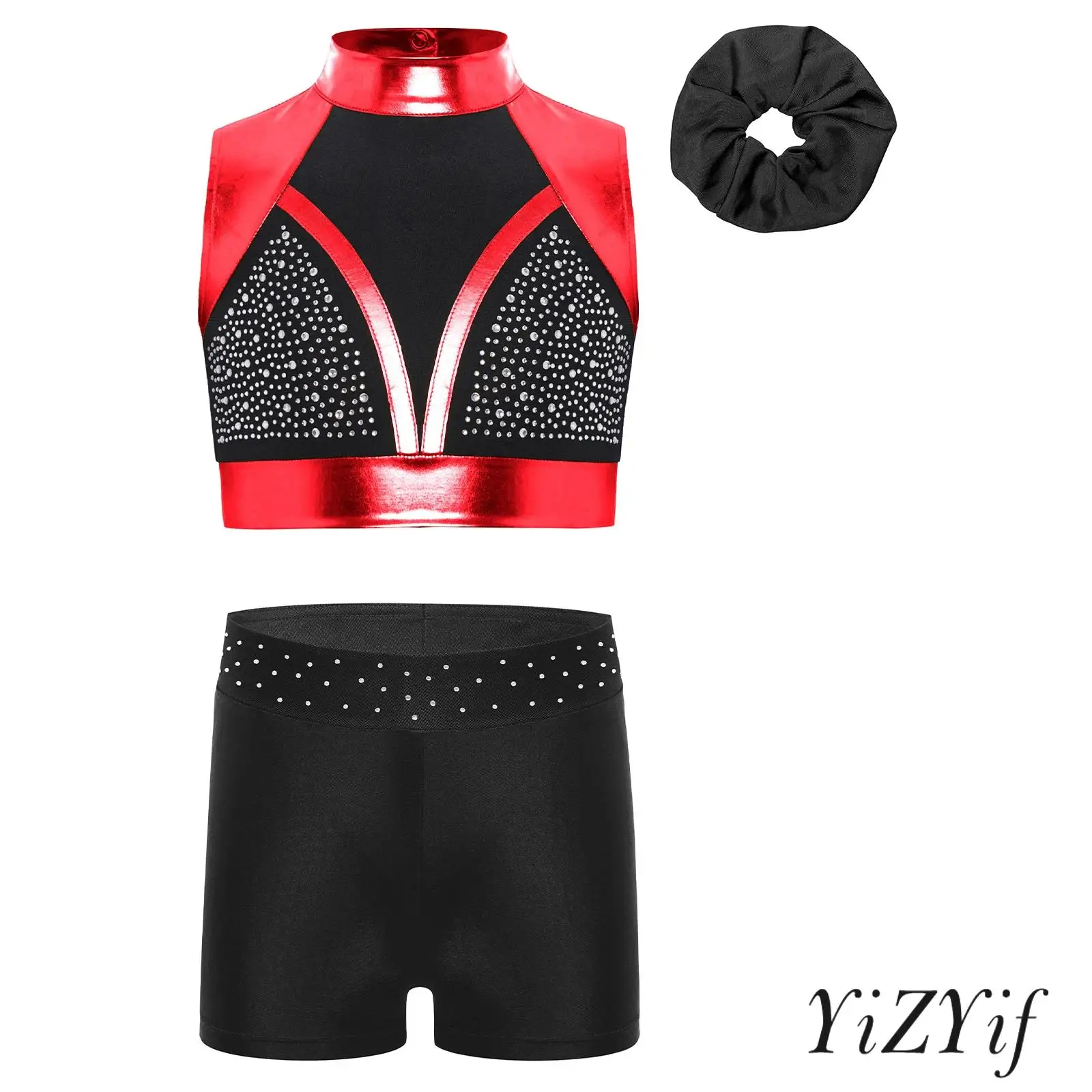 Kids Girls Gymnastics Jazz Dance Costume Mock Neck Sleeveless Cutout Back Shiny Crop Top with Waistband Shorts And Headwear
Kids Girls Gymnastics Jazz Dance Costume Mock Neck Sleeveless Cutout Back Shiny Crop Top with Waistband Shorts And Headwear