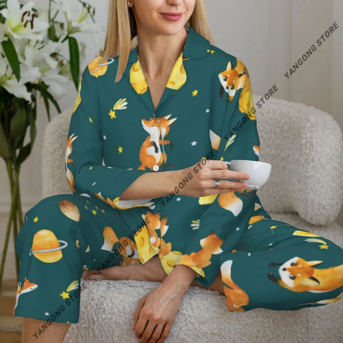 Women Sleepwear Loungewear Planets Foxes Stars And Meteorites Long Sleeve Lapel Neck Shirt and Elastic Waist Pants Pajamas Set
Women Sleepwear Loungewear Planets Foxes Stars And Meteorites Long Sleeve Lapel Neck Shirt and Elastic Waist Pants Pajamas Set