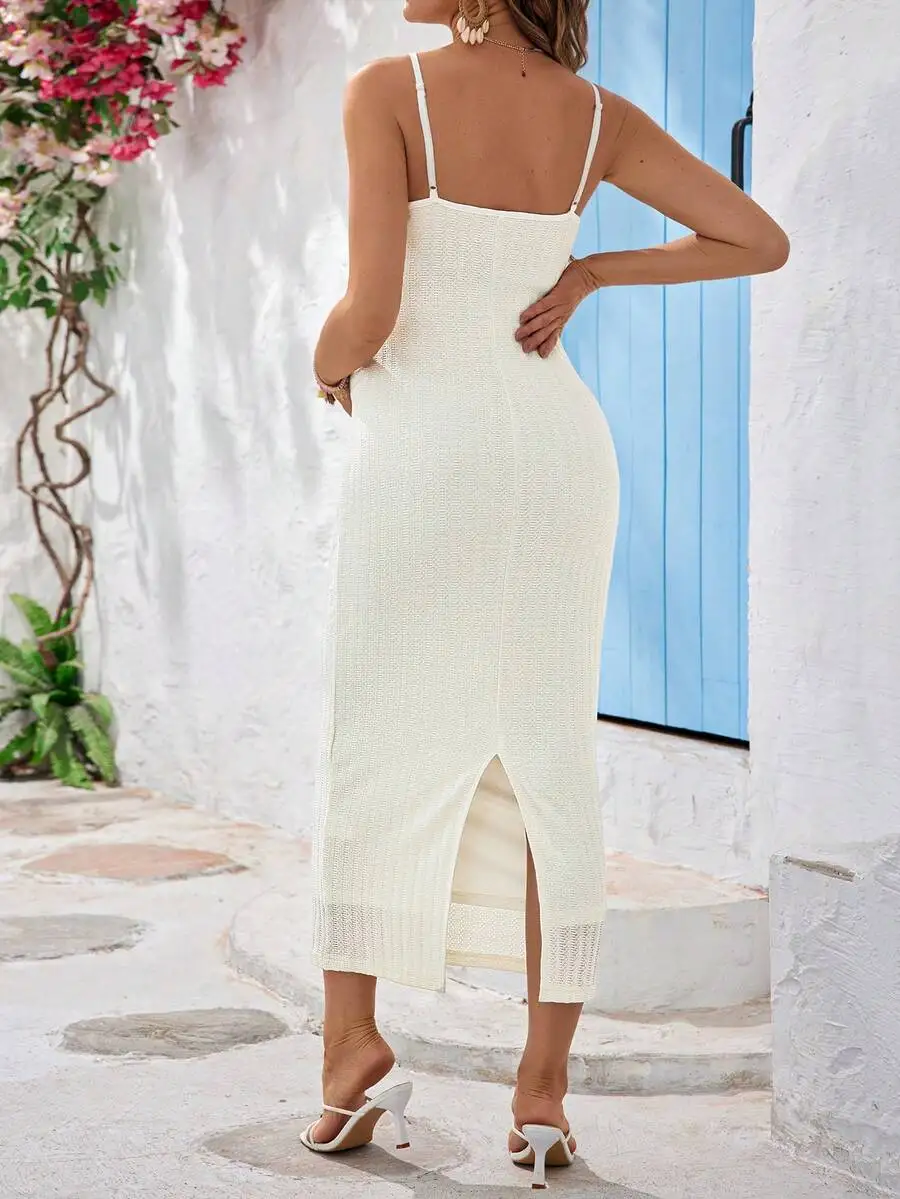 White Knit Midi Dress With Side Slit For Summer Vacation
White Knit Midi Dress With Side Slit For Summer Vacation