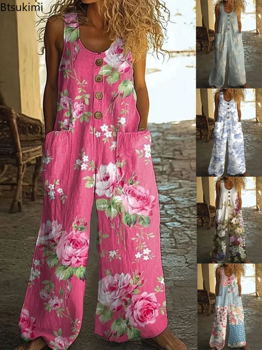 Women's Vintage Print Buttons Sleeveless Jumpsuits Summer Fashion Temperament Loose Wide Legs Jumpsuit Lady Commuting Clothing
Women's Vintage Print Buttons Sleeveless Jumpsuits Summer Fashion Temperament Loose Wide Legs Jumpsuit Lady Commuting Clothing