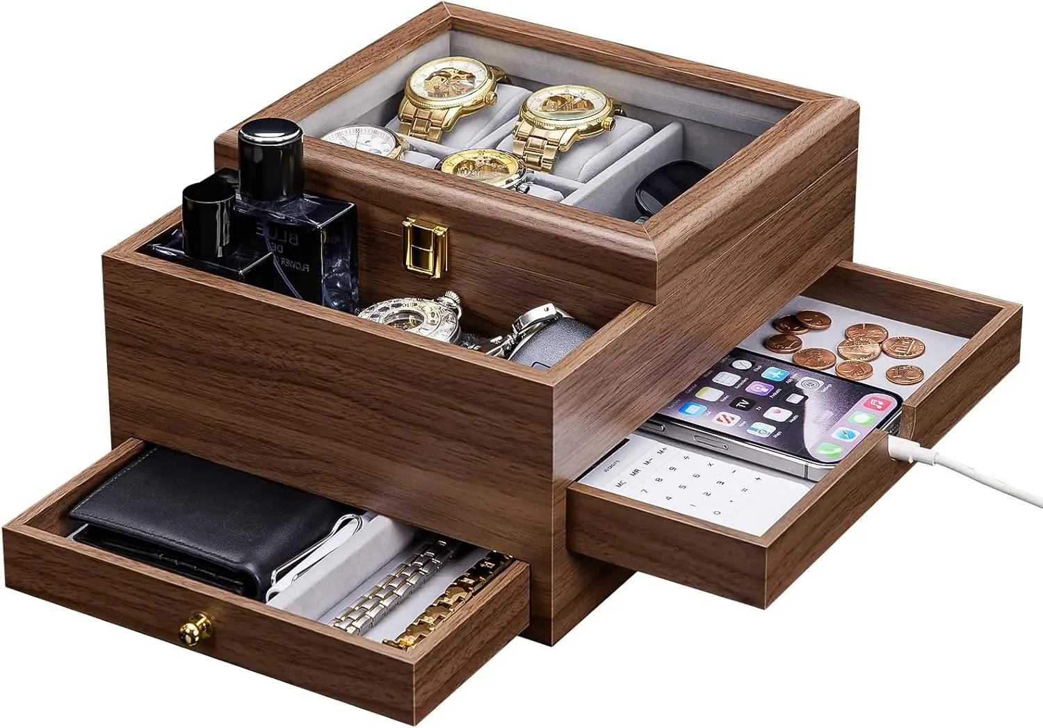 Watch Box for Men Jewelry Organizer with Real Glass Watch Case for Ring, Bracelet, Watch, Necklace, Earrings, and Accessories
Watch Box for Men Jewelry Organizer with Real Glass Watch Case for Ring, Bracelet, Watch, Necklace, Earrings, and Accessories
