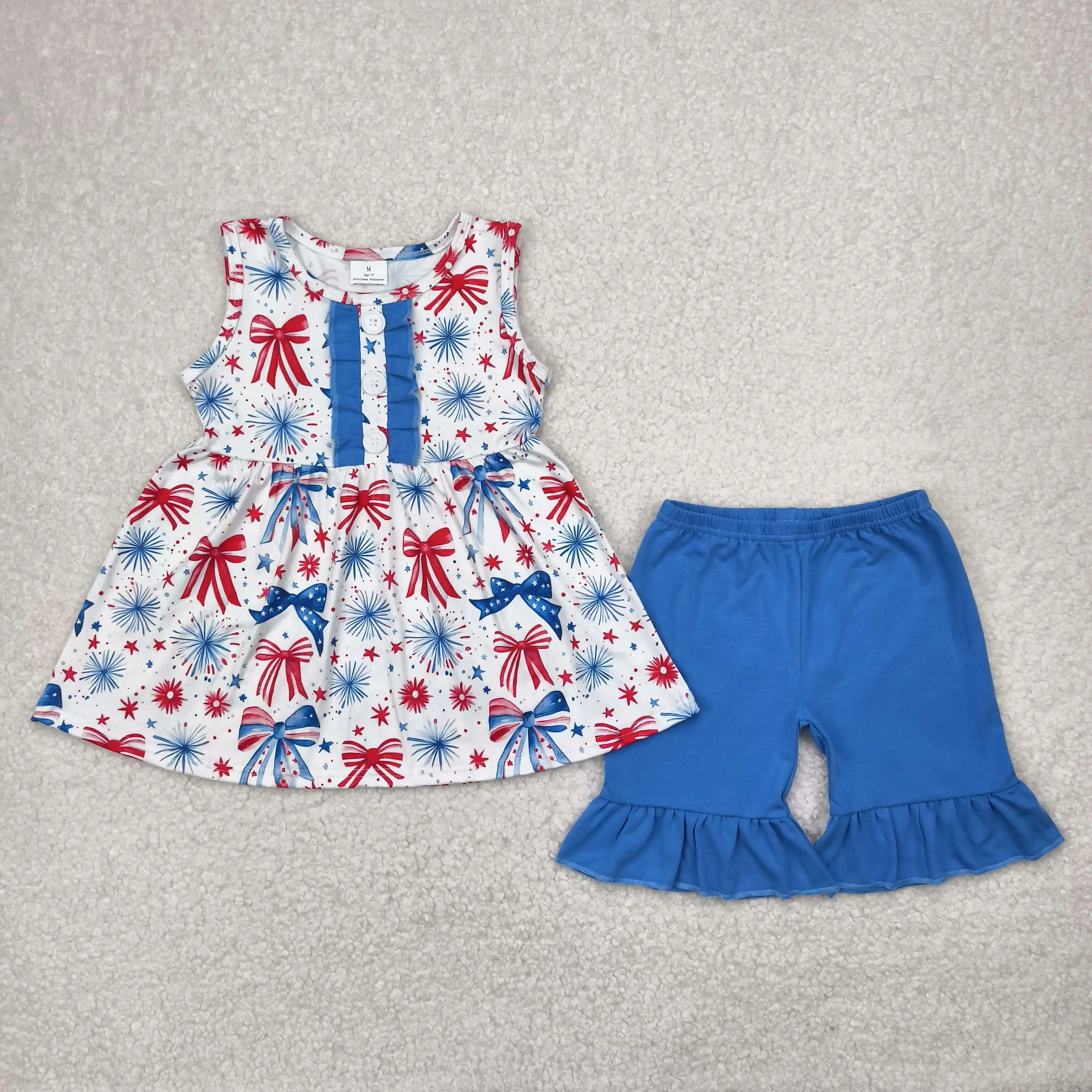 New Short Sleeve Outfits Toddler Kids Designers Baby Girls Blue Red Bows Fireworks Tunic Ruffle Short 4th Of July Clothes Sets 
New Short Sleeve Outfits Toddler Kids Designers Baby Girls Blue Red Bows Fireworks Tunic Ruffle Short 4th Of July Clothes Sets
