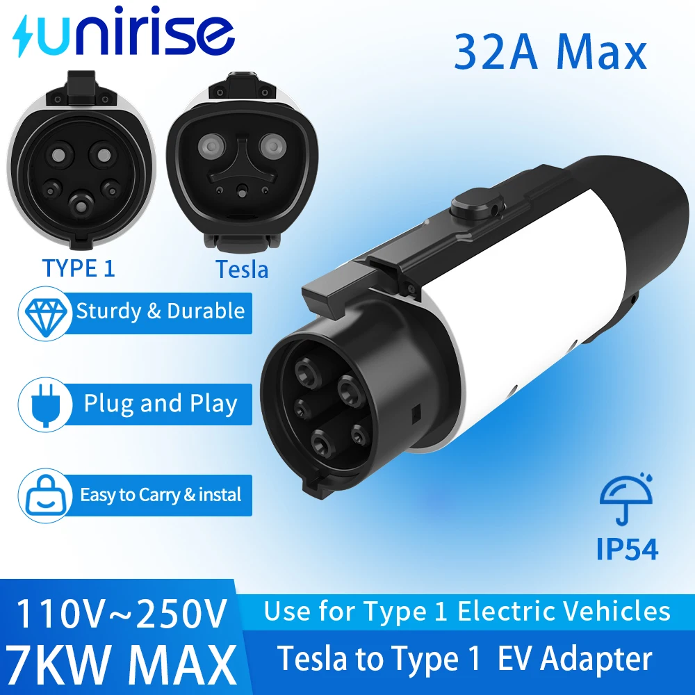 Unirise Tesla to Type 1 EV Charger Adapter 32A 250V 7KW NACS Charging Station Adaptor For Electric Vehicle J1772 Converter
Unirise Tesla to Type 1 EV Charger Adapter 32A 250V 7KW NACS Charging Station Adaptor For Electric Vehicle J1772 Converter