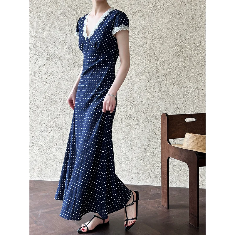 Elegant French Style Polka Dot Print Maxi Dress Sexy Deep V Neck Lace Trim Women's Party Dress Summer New
Elegant French Style Polka Dot Print Maxi Dress Sexy Deep V Neck Lace Trim Women's Party Dress Summer New
