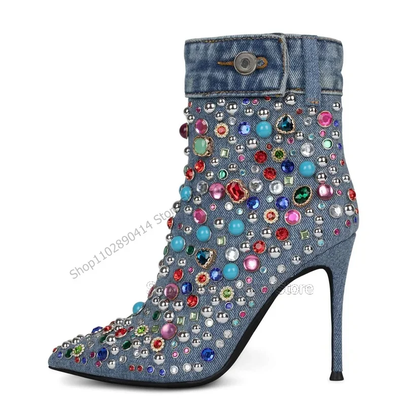 Blue Denim Colorful Beads Crystal Decor Ankle Boots Button Strap Women Shoes Thin High Heels Fashion 2023 Zapatos Para Mujere
Blue Denim Colorful Beads Crystal Decor Ankle Boots Button Strap Women Shoes Thin High Heels Fashion 2023 Zapatos Para Mujere