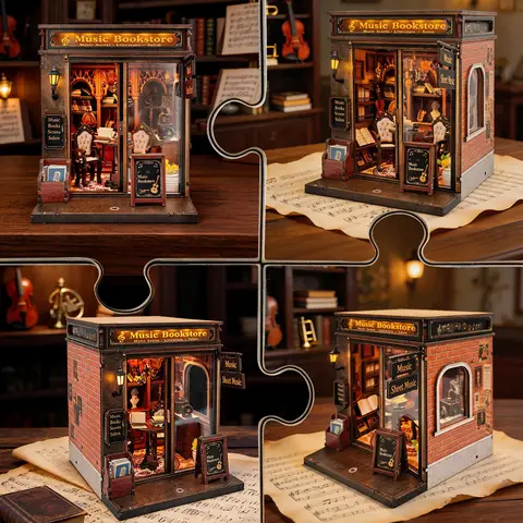 DIY Miniature Bookstore Dollhouse Kit 3D Puzzle Building Block Touch‑LED Light Model Handmade Assembly Scene Decor Hobby Gift