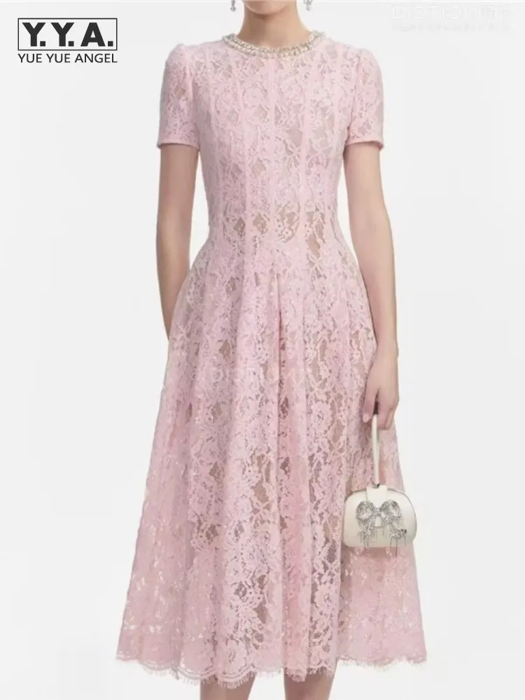 Elegant Women Flower Lace Dress Summer Short Sleeve Pearls O-Neck French Style Fashion Office Ladies Knee Length A-Line Dresses
Elegant Women Flower Lace Dress Summer Short Sleeve Pearls O-Neck French Style Fashion Office Ladies Knee Length A-Line Dresses