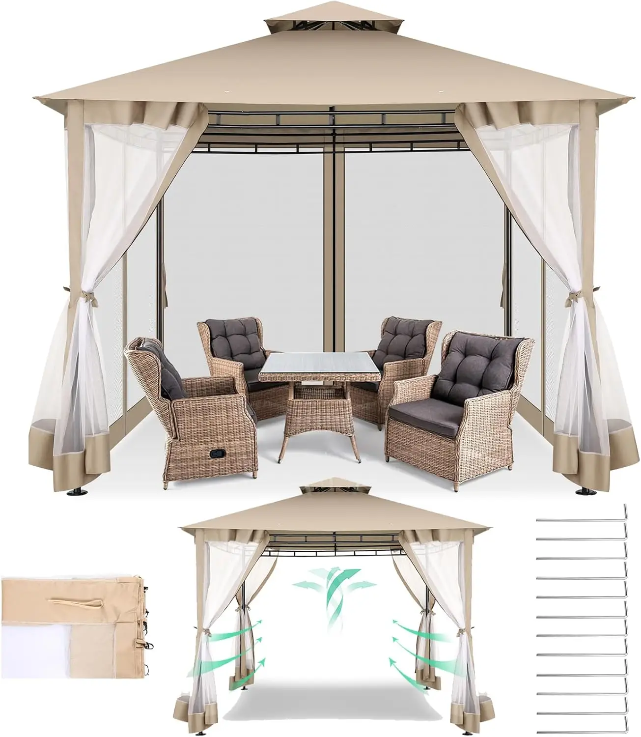 10x10 Heavy Duty Gazebo with Double Roof & Mosquito Netting, Outdoor Canopy for Patio, Deck, Backyard (Khaki)
10x10 Heavy Duty Gazebo with Double Roof & Mosquito Netting, Outdoor Canopy for Patio, Deck, Backyard (Khaki)