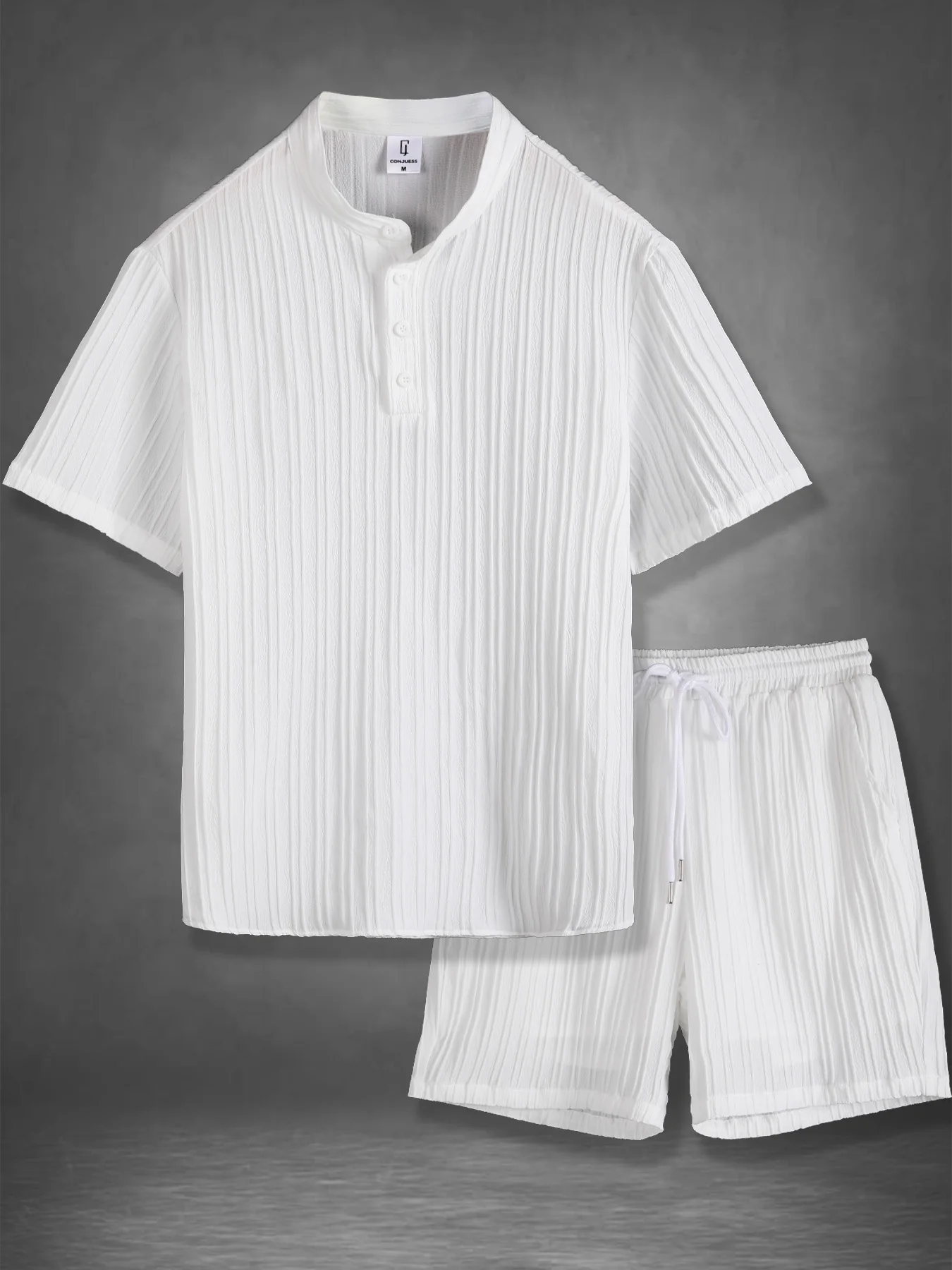Vertical Texture Stand Collar Short Sleeve Set, Men's Summer Casual Two-Piece Outfit
Vertical Texture Stand Collar Short Sleeve Set, Men's Summer Casual Two-Piece Outfit