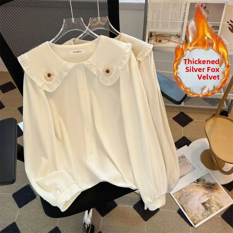 Korean Sle Fce Lined Thi Long Sve Doll Collar irt Women's Autumn Winter New Sle Versatile College Sle Top
Korean Sle Fce Lined Thi Long Sve Doll Collar irt Women's Autumn Winter New Sle Versatile College Sle Top