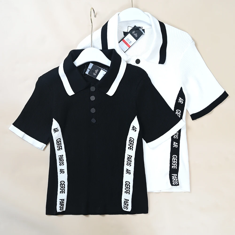 American Style Slim Fit Short Sleeve Knitwear Color Splicing Letter Collar Women's Summer Fashion Casual Top
American Style Slim Fit Short Sleeve Knitwear Color Splicing Letter Collar Women's Summer Fashion Casual Top