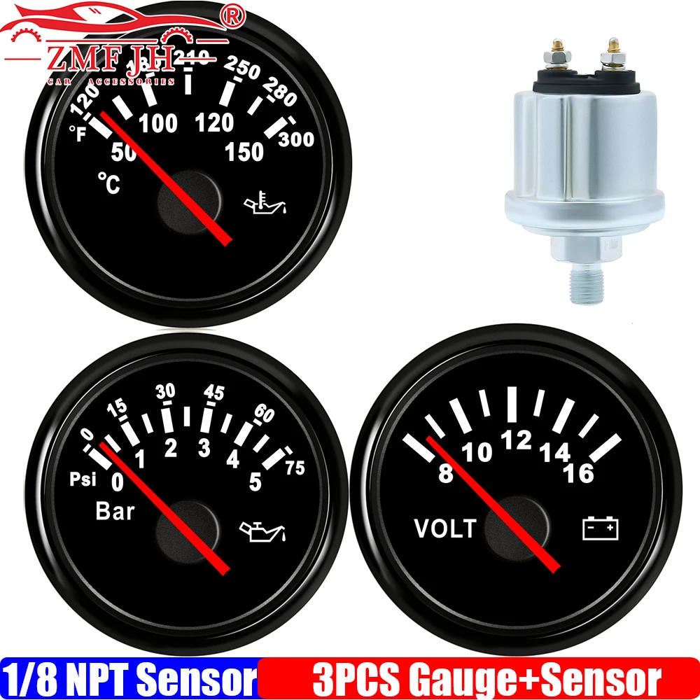 ZMFJH 3 Gauge Set 52mm Voltmeter+Oil Temperature Gauge+Oil Pressure Meter with Sensor 1/8NPT Red Backlight for Car Boat Yacht
ZMFJH 3 Gauge Set 52mm Voltmeter+Oil Temperature Gauge+Oil Pressure Meter with Sensor 1/8NPT Red Backlight for Car Boat Yacht